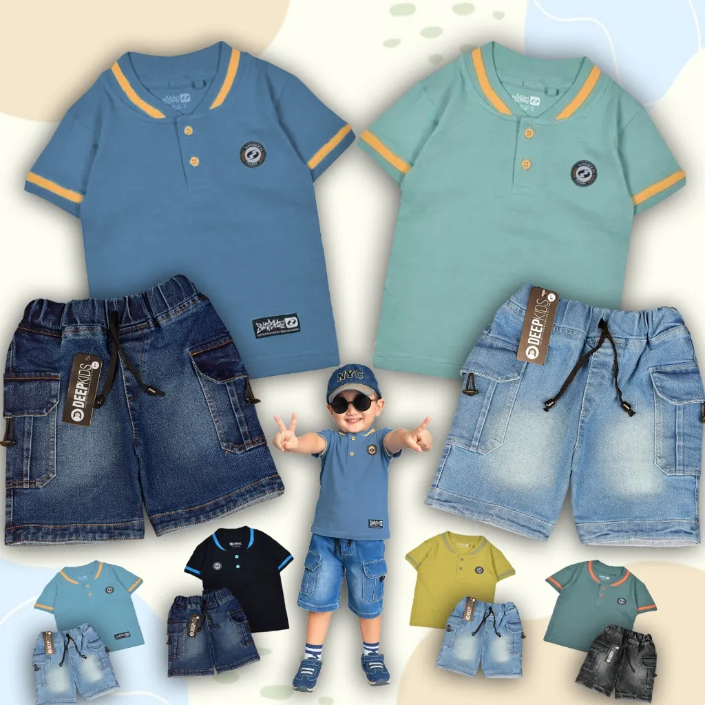 Setelan Anak Laki Laki Kaos Wangki Kerah Celana Jeans Pendek Usia 1-12 Tahun Premium