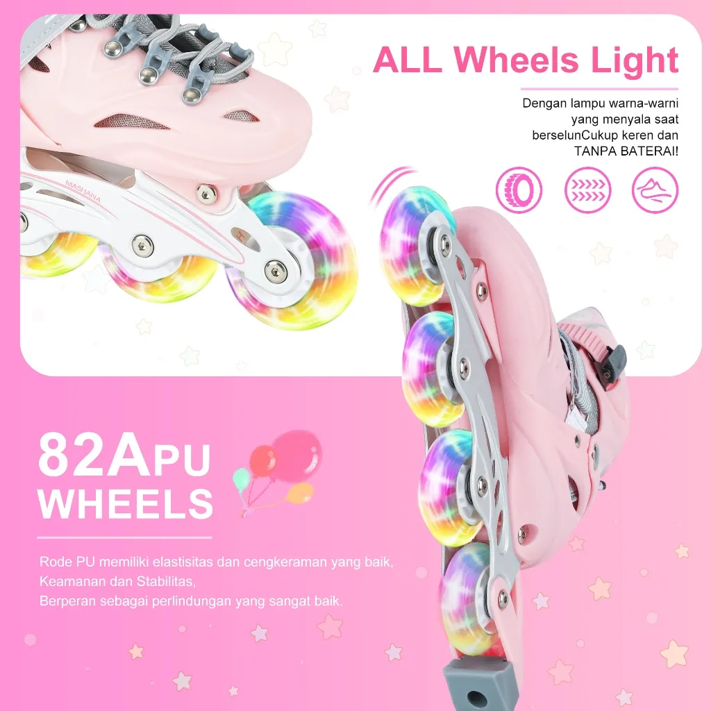 Sepatu Roda Anak dan Dewasa Inline Skate Full Karet PU Roda Nyala & Bahan Ringan, Usia 4-10 Tahun