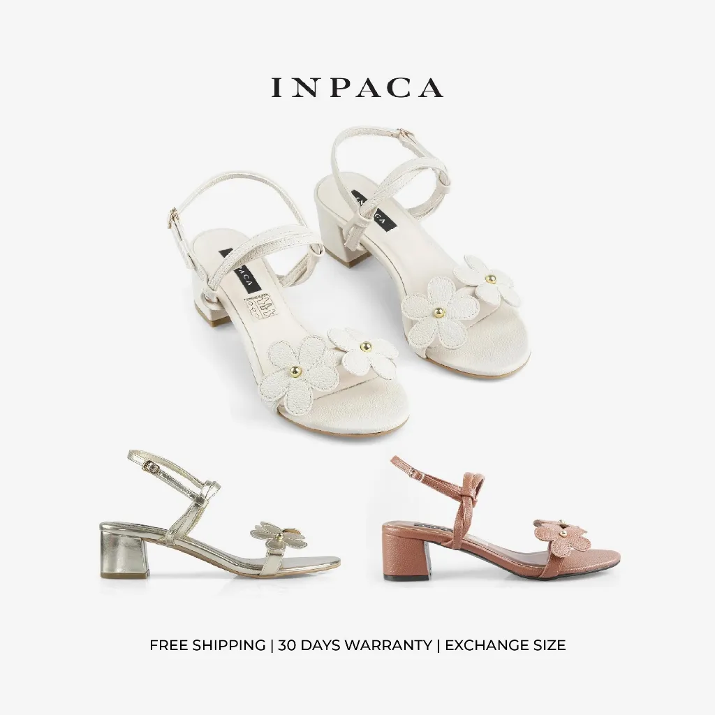 INPACA Daisy Block Heels Bunga Metalik Metallic Leather Hak Kotak High Heels Pesta
