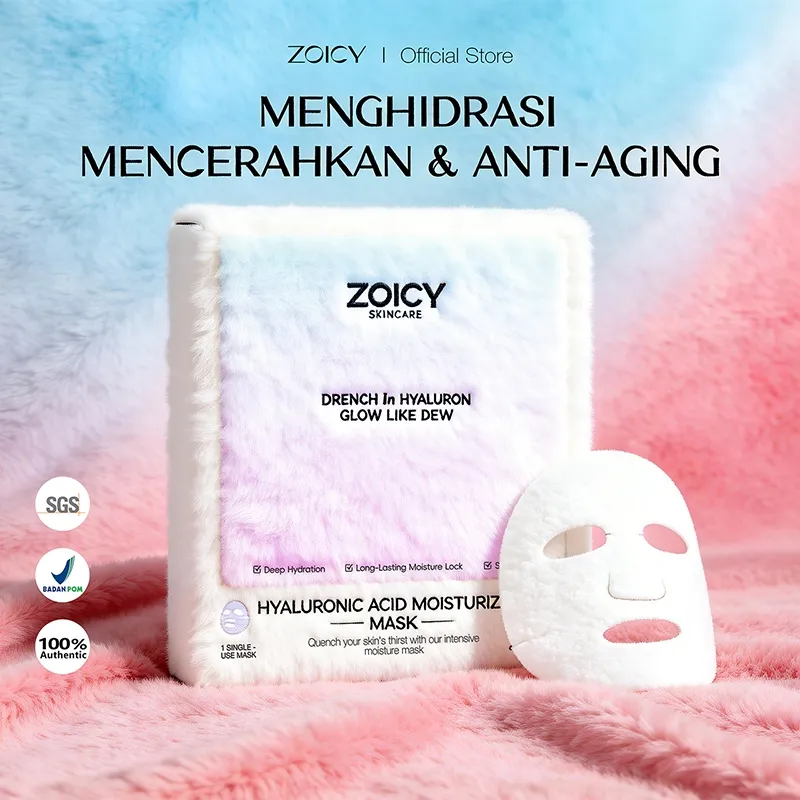 [2 Kotak Hanya 99RB] ZOICY Sheet Mask Hyaluronic Acid 5pcs 1 Box - Masker Wajah Mencerahkan Kulit | Whitening Essence Face Mask | Melembapkan | Mengencangkan | Menutrisi | Menenangkan | Anti-aging | Niacinamide | Salicylic Acid | Centella Purslane