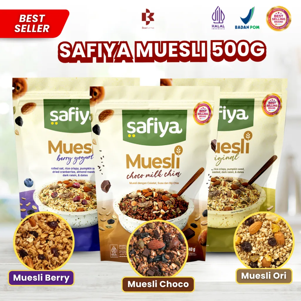 Muesli Safiya 500 Gram - Muesli Berry Yogurt Muesli Ori Muesli Choco Milk Chia Oatmeal Sereal Sarapan Cemilan Diet Safiya Muesli