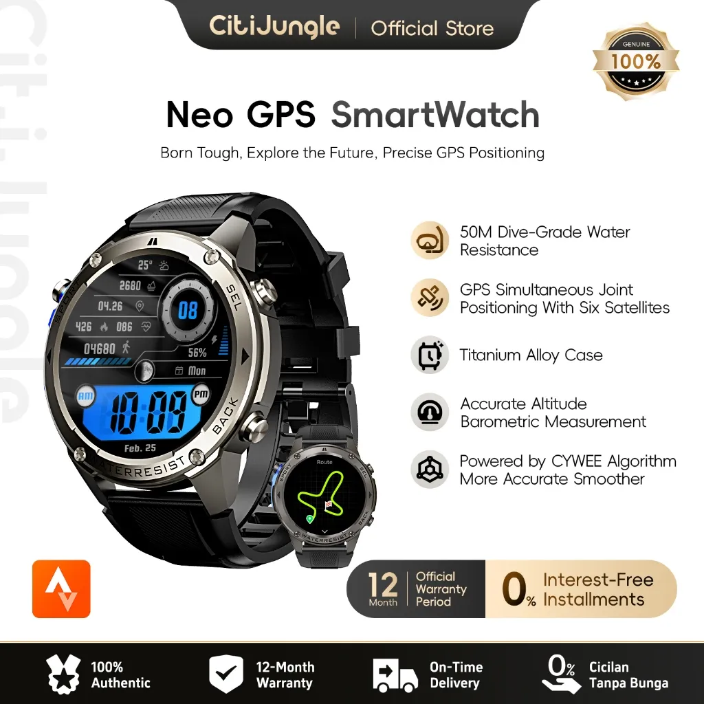 CitiJungle NeoGPS(DM56) Smartwatch GPS Frekuensi Ganda Akurat | Layar AMOLED 1.43" | Jam Tangan Pintar Tahan Air 5ATM | Kompas, Altimeter & Barometer | Panggilan Bluetooth & Multi Bahasa