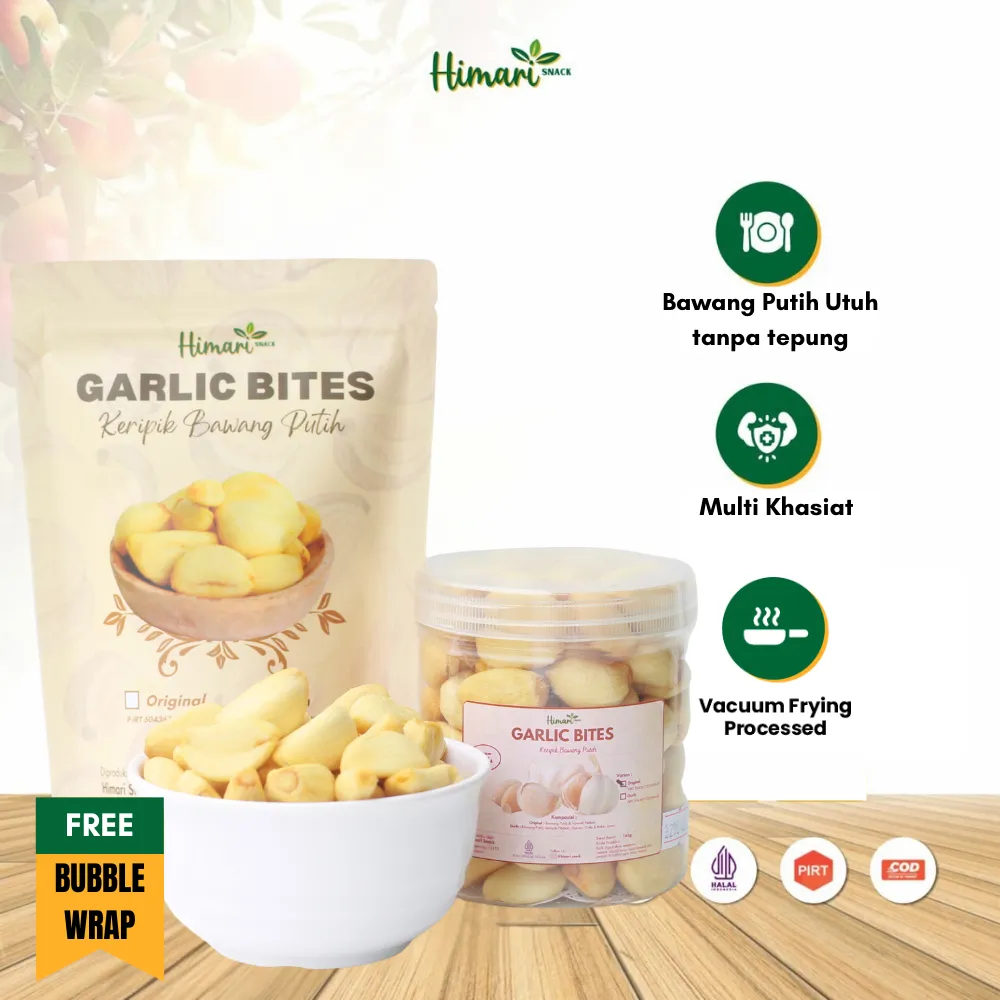Keripik Bawang Putih Himari Garlic Bites Snack Cemilan Sehat Kemasan Pouch 70gr dan Toples 350-500ml
