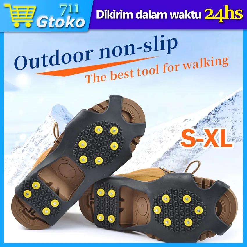 1 Pasang Alas Sepatu Paku Anti Slip Crampon Cover Sepatu Dengan 10 Gigi Untuk Berjalan Di Salju / Mendaki / Climbing