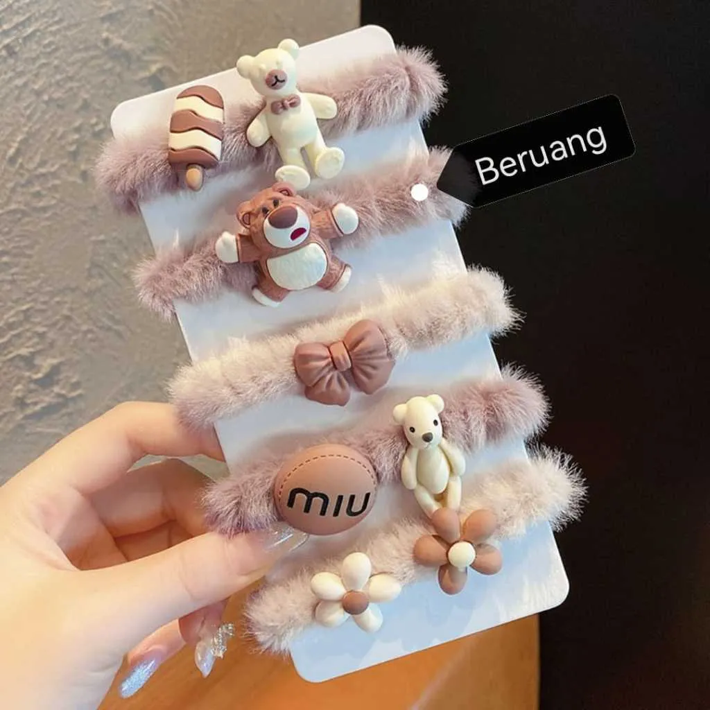 Ikat Rambut (Isi 5Pcs) Bulu/Scrunchie Bulu Cokelat Karakter Halus Wanita Korea KCR-13