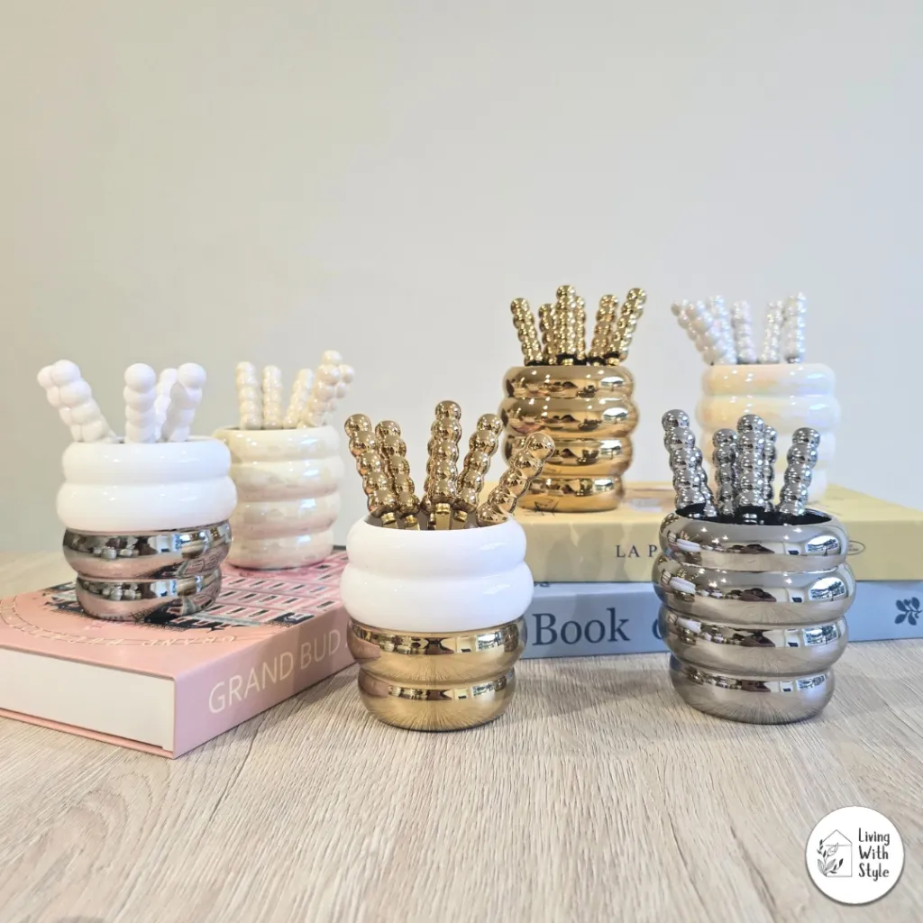 Living With Style - Spiral Long Version Mini Cutlery Set / Aneka Sendok Garpu Set Dengan Tempat Keramik Set Isi 6 Cantik/ Dessert Fork Tea Time Spoon With Holder Aesthetic