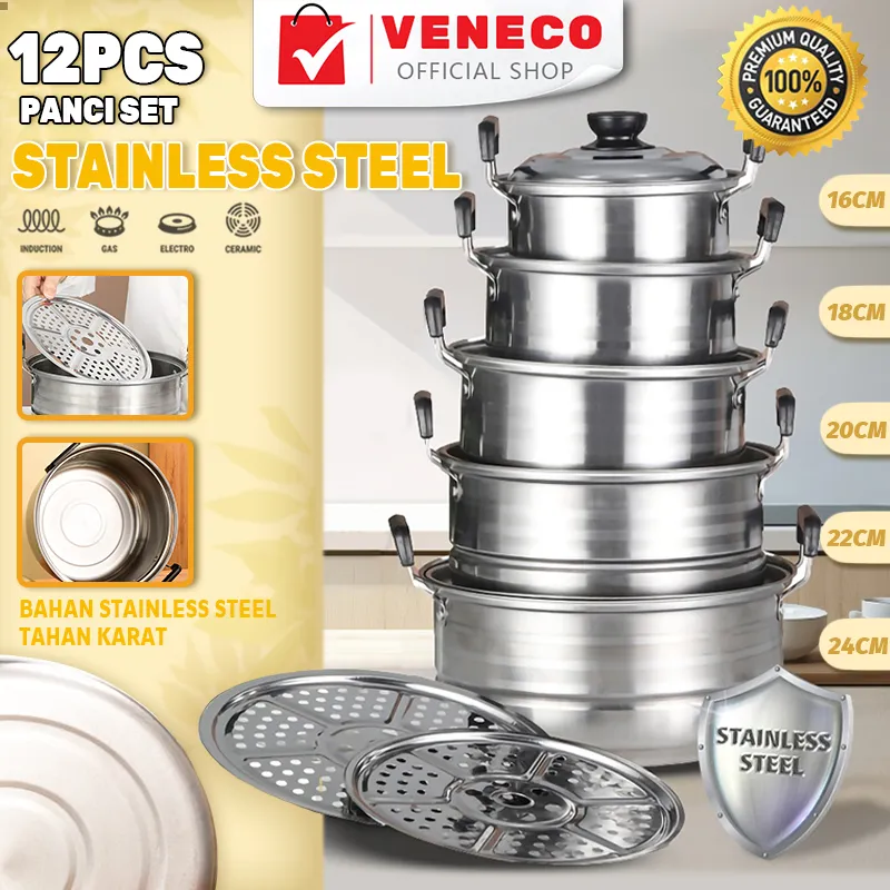 VENECO 12in1 Panci Steamer Set Stainless isi 5 pcs + 2pcs Kukusan Panci Bahan Tebal PREMIUM