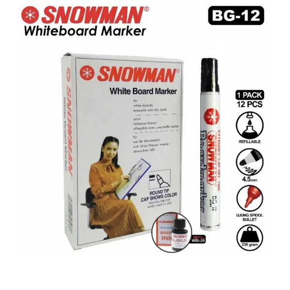 Spidol Whiteboard Papan Tulis Snowman BG-12 1 BOX isi 12Pcs - HITAM