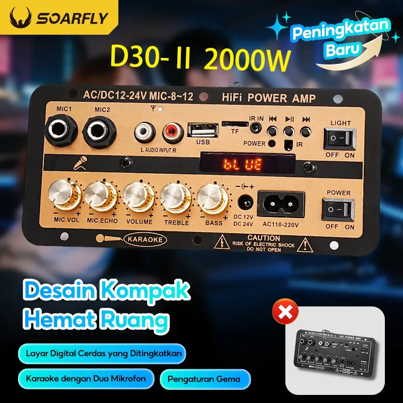 SOARFLY D30-II 2000W Amplifiers Untuk 8-12 Inci Speaker AC 220V 12V 24V Penguat Bluetooth Digital Penguat Suara Stereo Papan Subwoofer Dual Mendukung USB TF RemoteControlHIFI Penguat Daya Amplifier [Ready Stock,COD] Super bass