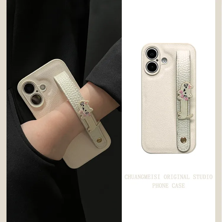 Simple white embroidered kitten wristband suitable for Apple 17promax phone case iPhone 13/14 fashionable 15 Pro cute 16pm protective case 11/12 portable XS XR XSMAX soft edge 15Plus