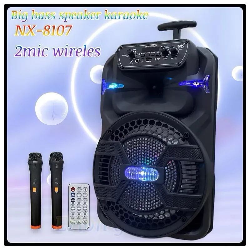 Speaker Bluetooth Karaoke Size 8inc Nixnox Nx-8107 Free 2 Mic Wireless Speaker Fullbass