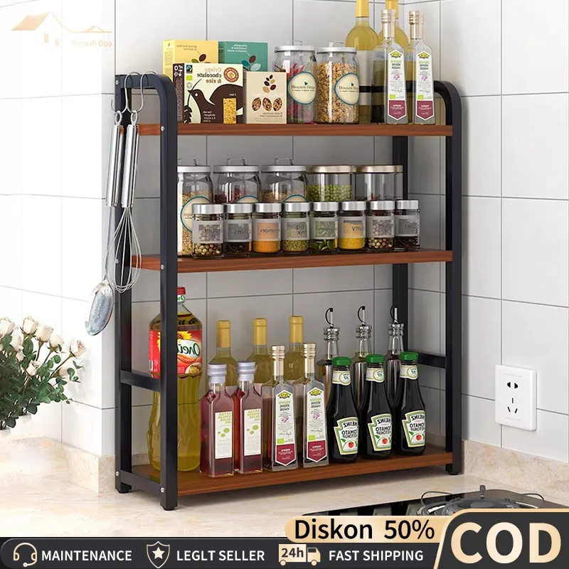 COD Rak Bumbu Dapur 2 Susun Kitchen Spice Storage Rack Rak Serbaguna Stainless Steel Penyimpanan Rak Sudut Dapur