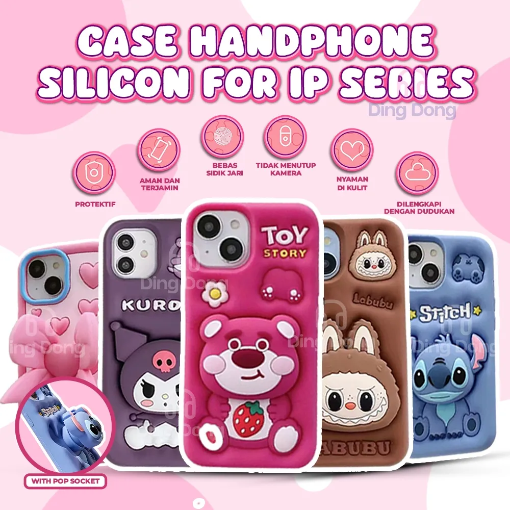 Case iPhone Silikon Kartun 3D dengan Pop Socket – Soft Case iPhone Karakter Tebal Lucu