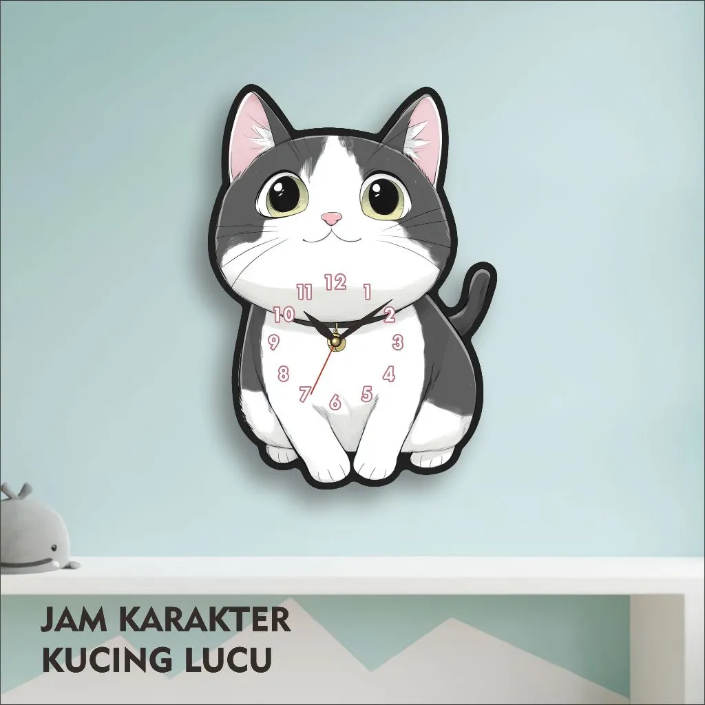 JAM DINDING/ KAMAR ANAK / RUANG TAMU / UKIR KARAKTER / KUCING LED / Z70
