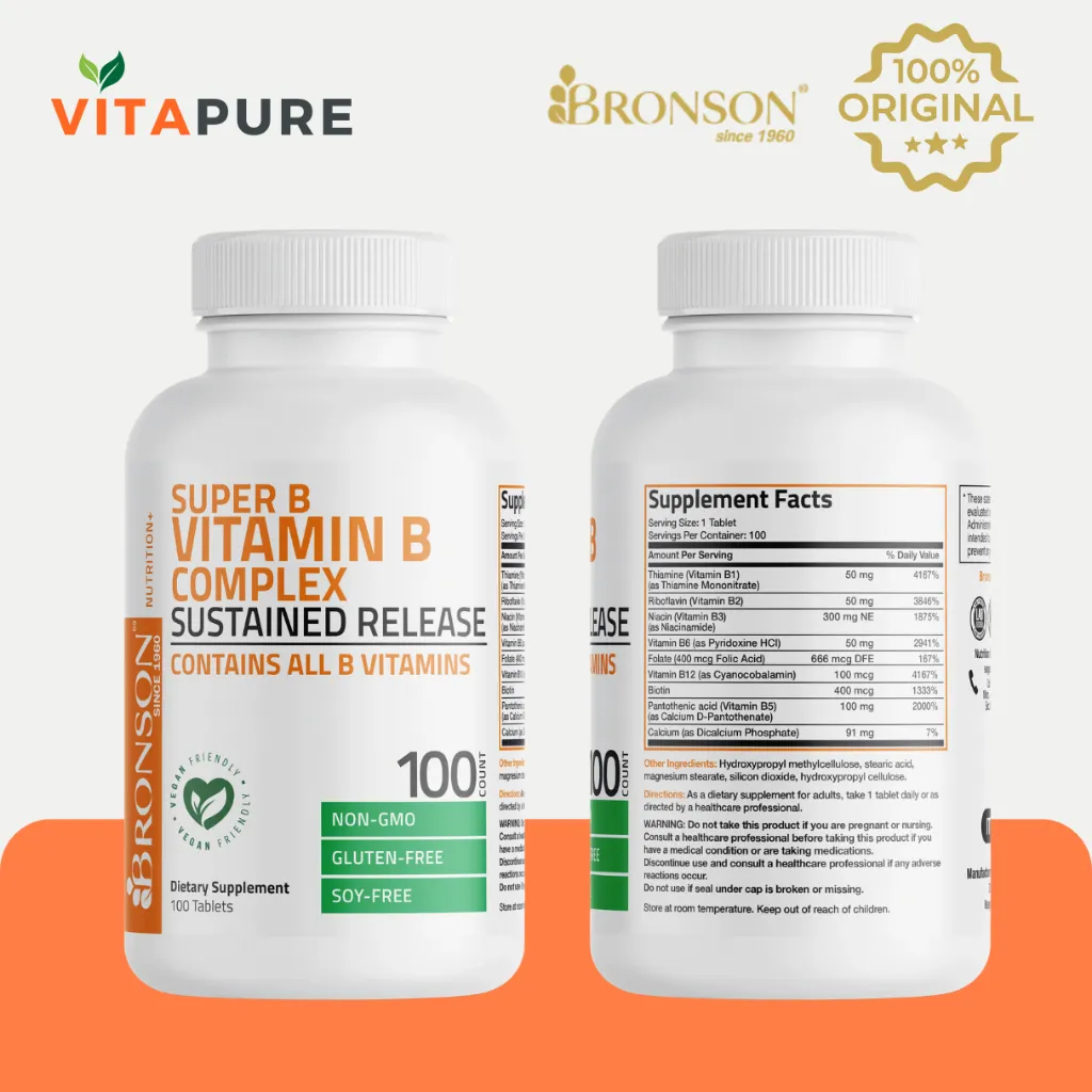 Vitamin B Complex Bronson (B1, B2, B3, B5, B6, B12) - 100 Tablets