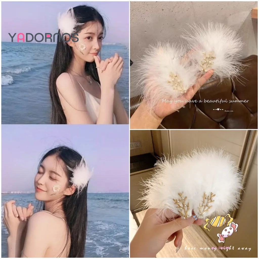 YADORNOS 2 Buah/Set Jepit Rambut Cabang Bulu Putih Wanita - Jepit Rambut Lucu - Klip Samping Rambut Anti Selip - Logam Berkualitas Tinggi Tahan Lama - Aksesori Fesyen Serbaguna