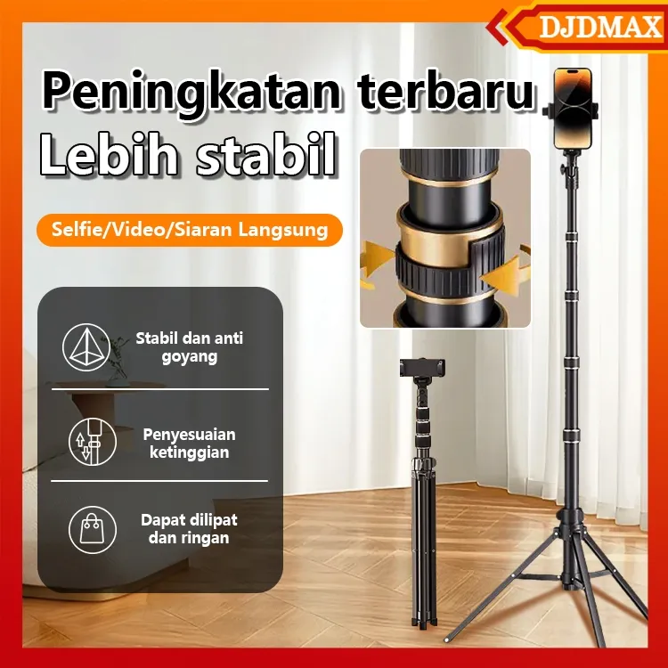 DJDMax Tripod Handphone 2,1 Meter Besi Plus Mini Ball Head, Tripod HP Ring Light 2 Meter Live Streaming, Tripod 2,1M untuk Kamera & Ponsel, Tripod 2M Free Holder U, Tripod Kamera Besi Kuat, Peningkatan Terbaru, Stabil & Tahan Lama