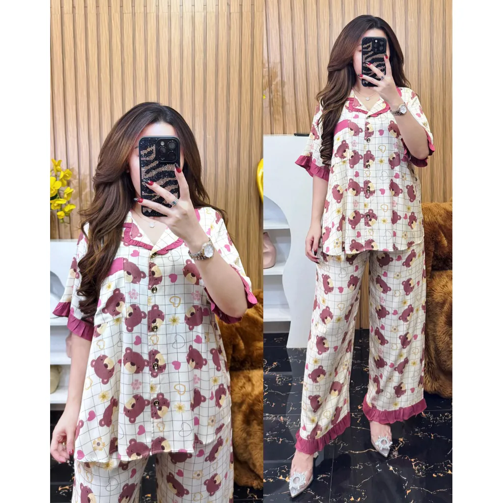 Set Lauria piyama by DST/bahan rayon jumbo adem/setelan baju tidur kekinian
