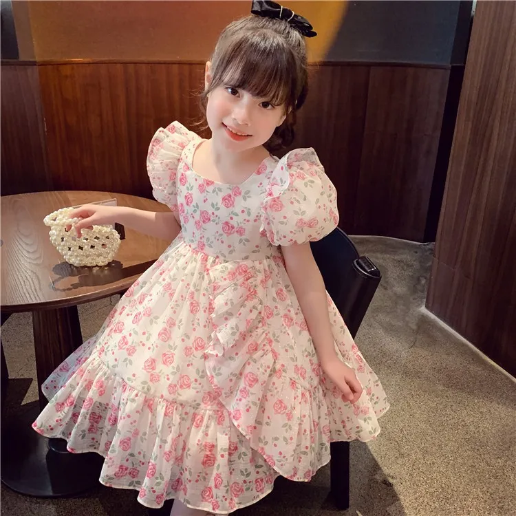 [meandboss] DR99, Dress Anak Perempuan Gaun Pesta Sifon Floral Bunga Ruffle Youra