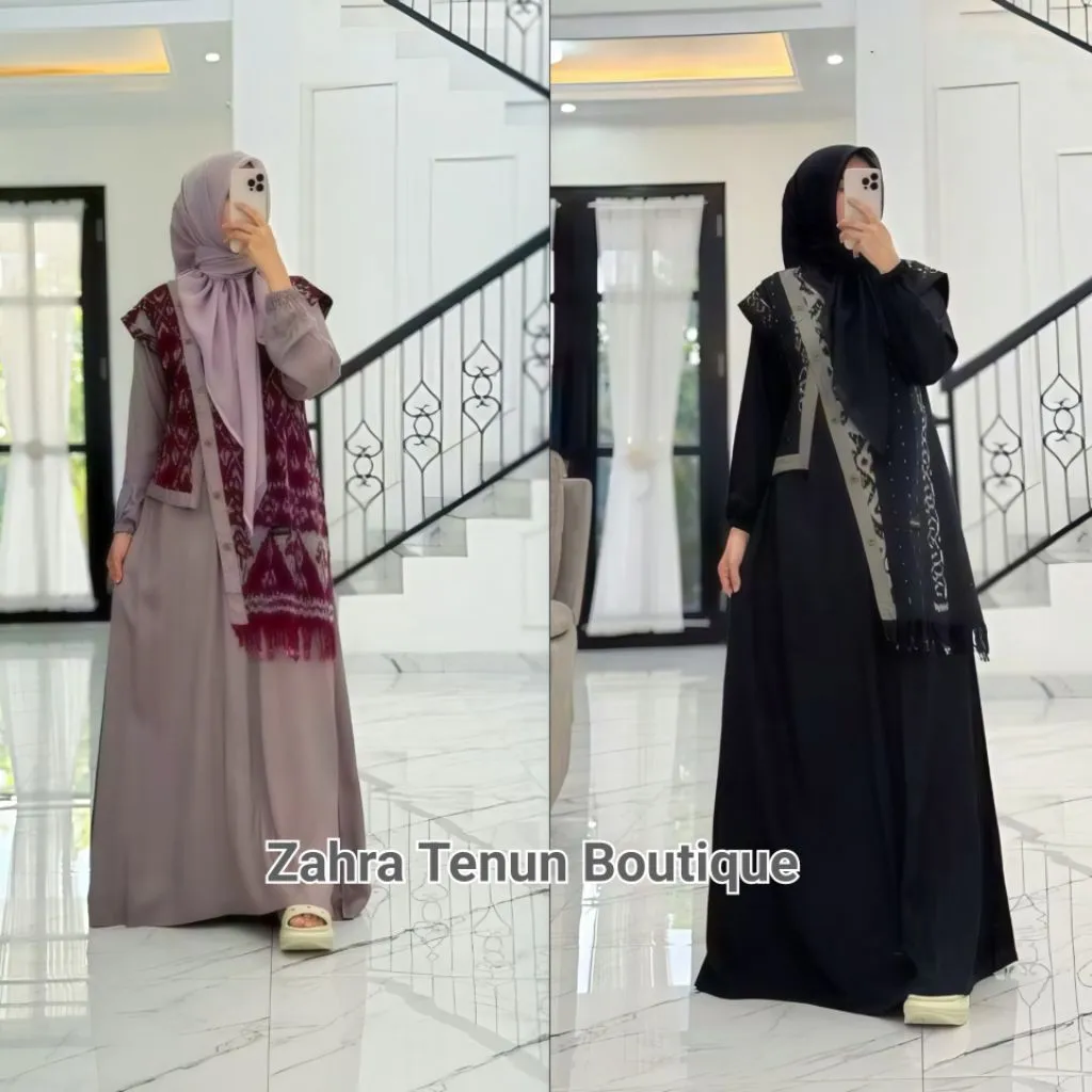 READY STOCK Gamis Tenun Etnik Wanita Muslimah – Set Hem Pria Pasangan Keren & Elegan by Zahra Tenun Boutique-Anjanistore