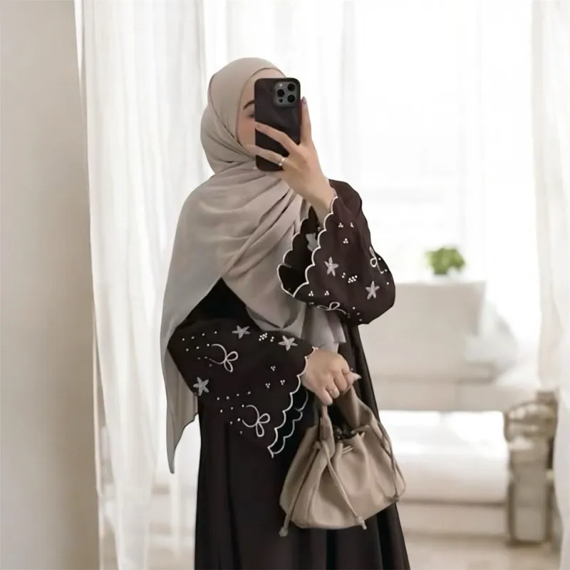 Gamis Abaya Turkey Basic Bordir Coquette Bagian Tangan Bahan Woolpeach Lux