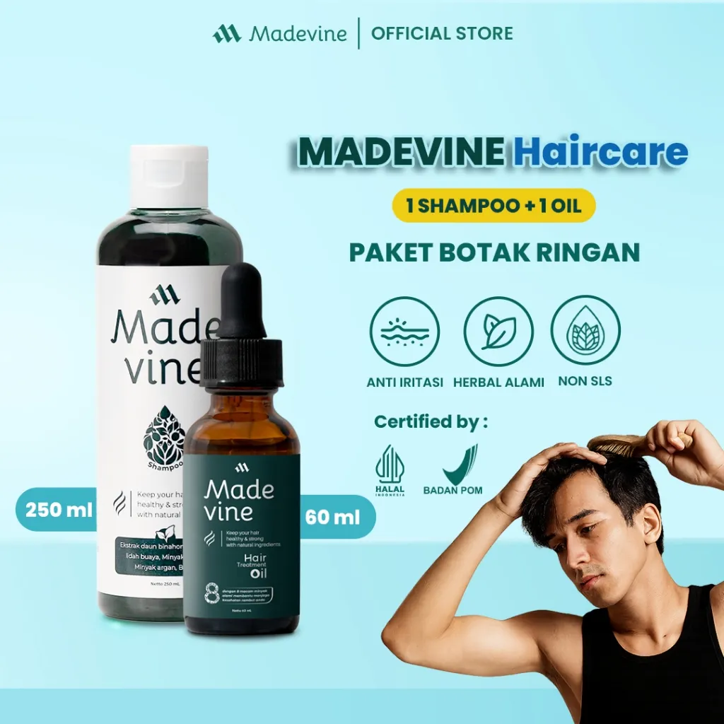 MADEVINE - Paket Perawatan Rambut Rontok, Rusak, Penyubur Rambut untuk Pria & Wanita - 1 Oil & 1 Shampo