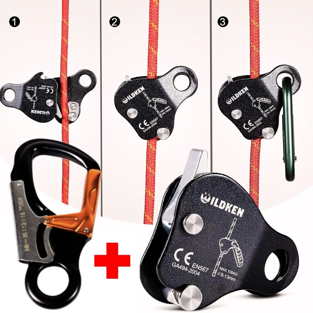 TAFFSPORT Ascender + Karabiner 35KN Panjat Tebing Self Lock Aluminium Alloy Tahan Karat 8-13mm