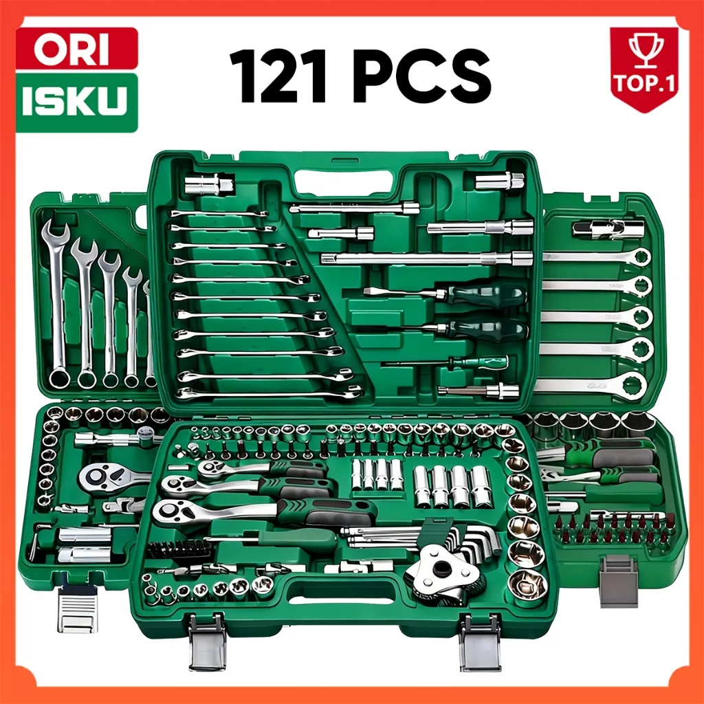 ISKU kunci shock set alat kunci pas 121pcs potong wrench ring wrench set auto tool set tool box kunci torsi tool set motor wrench set/tool set box /kunci pas tangan kotak alat kunci pas mata sok perbaikan otomatis tool kit