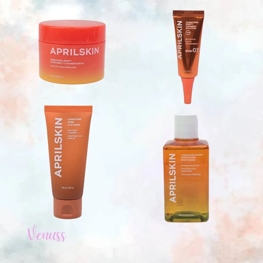 APRILSKIN Carrotene IPMP Hydramelt Cleansing Balm 90ml | carrotene IPMP clearing solution 20ml | carrotene IPMP exfoliating body wash 300ml | carrotene pore clay mask 100g