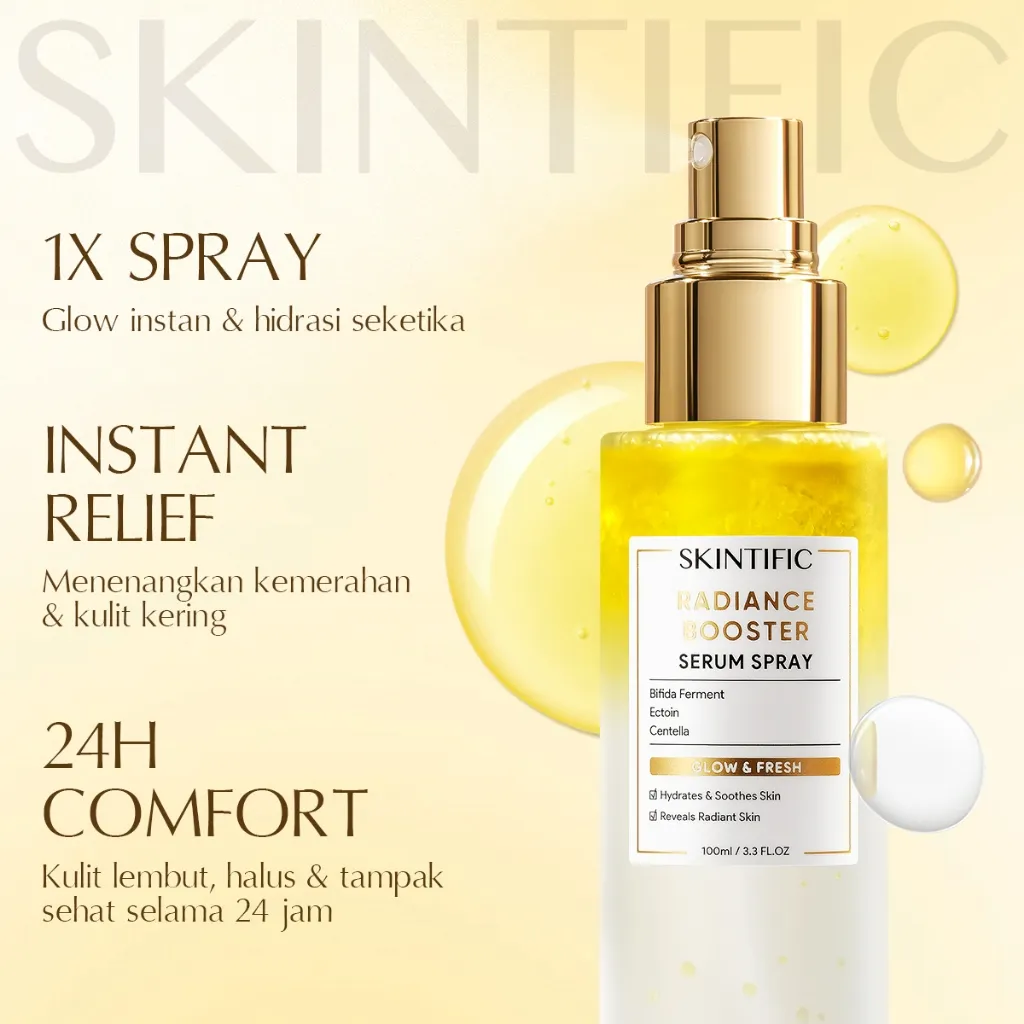 [Original] SKINTIFIC - Instant Glowing Serum Spray Radiance Booster Essense Toner Oil Make Up Primer Brightening Setting Spray Dry/Oily Skin Face Mist Hydration Moisture Travel Size Full Size