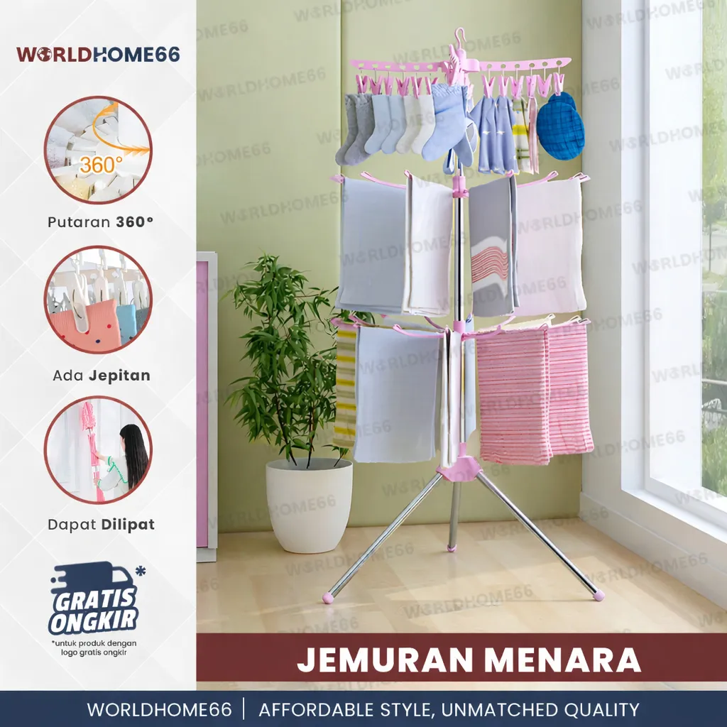 Worldhome Jemuran Menara 3 Susun Jemuran Baju Bayi Jemuran Kaos Kaki Celana Dalam Lipat Minimalis