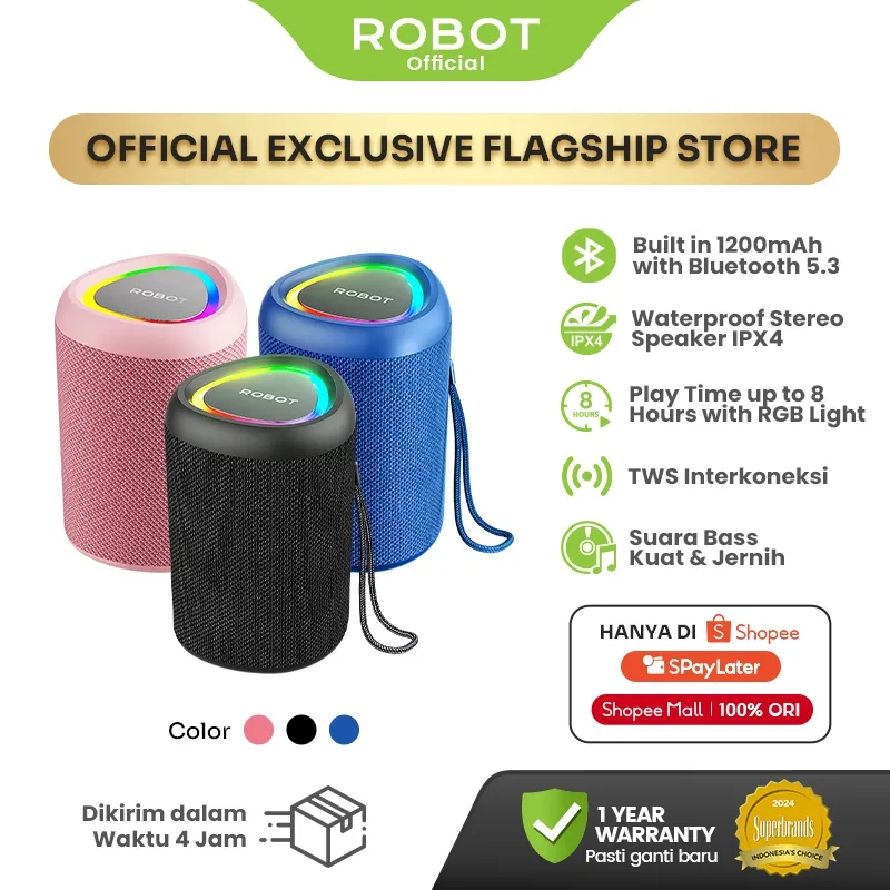 ROBOT Official RB120 Portable Bluetooth Speaker Deep Bass RGB Light IPX4 Waterproof 1200mAh Battery TWS Pairing Bluetooth 5.3 Wireless Speaker for Outdoor Music – Official Store 1 Year Warranty