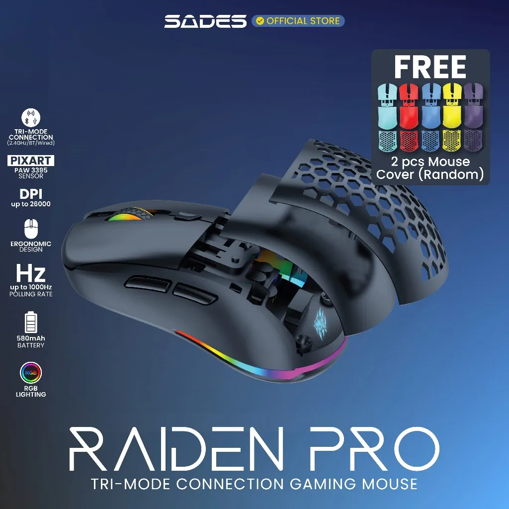 Mouse Gaming Wireless Modular Triple Mode Sades Raiden Pro