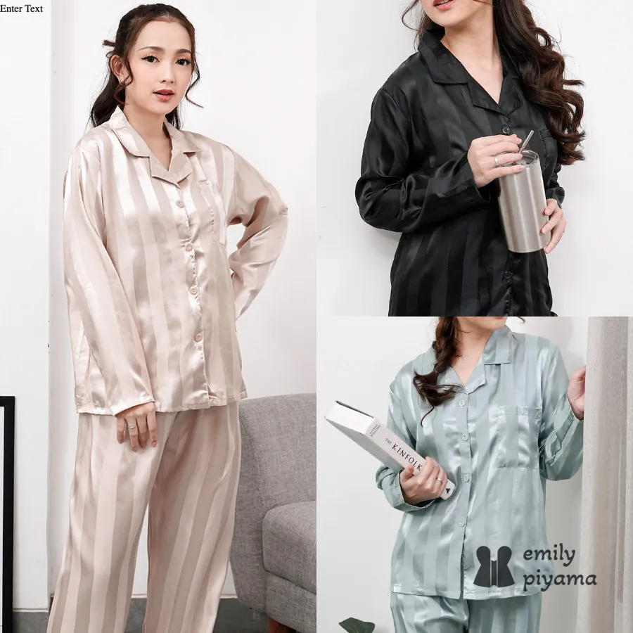 EMILY PIYAMA Baju Tidur Piyama Satin Wanita Dewasa Model Garis Premium Pakaian Tidur Wanita Dewasa