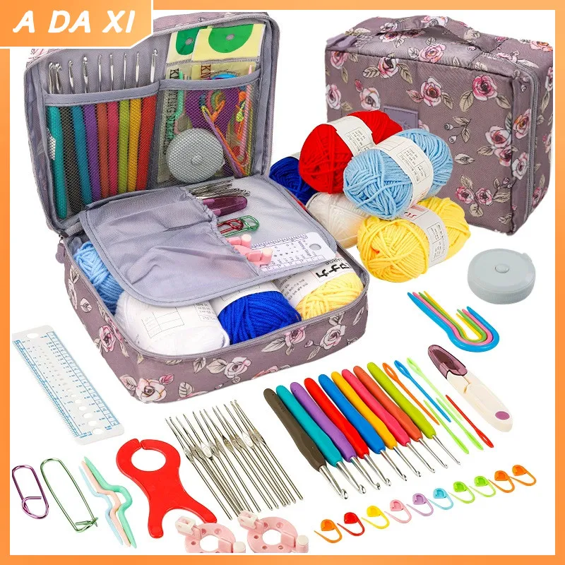 58 Buah DIY Crochet & Knitting Kit Beginner Pemula Lengkap, Portabel Alat Merajut & Menjahit dengan Kasing Penyelenggara, Pengatur Pembagi Jaring Tas