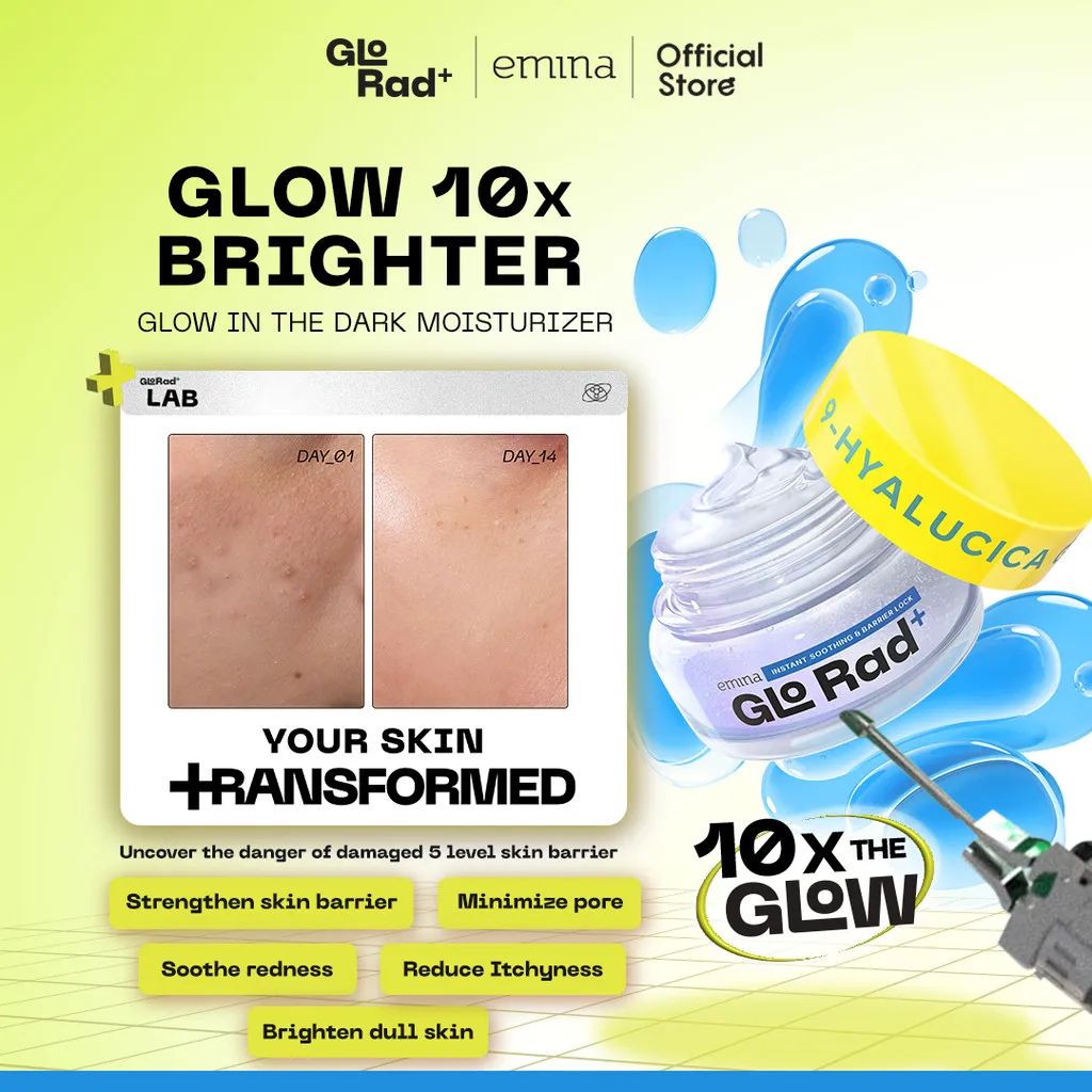 Emina GloRad+ Hyalucica Moisturizer Gel - Pelembab Wajah Glow in The Dark Memperbaiki 5 Level Skin Barrier 10x Glowing Brightening Calming Instant Soothing