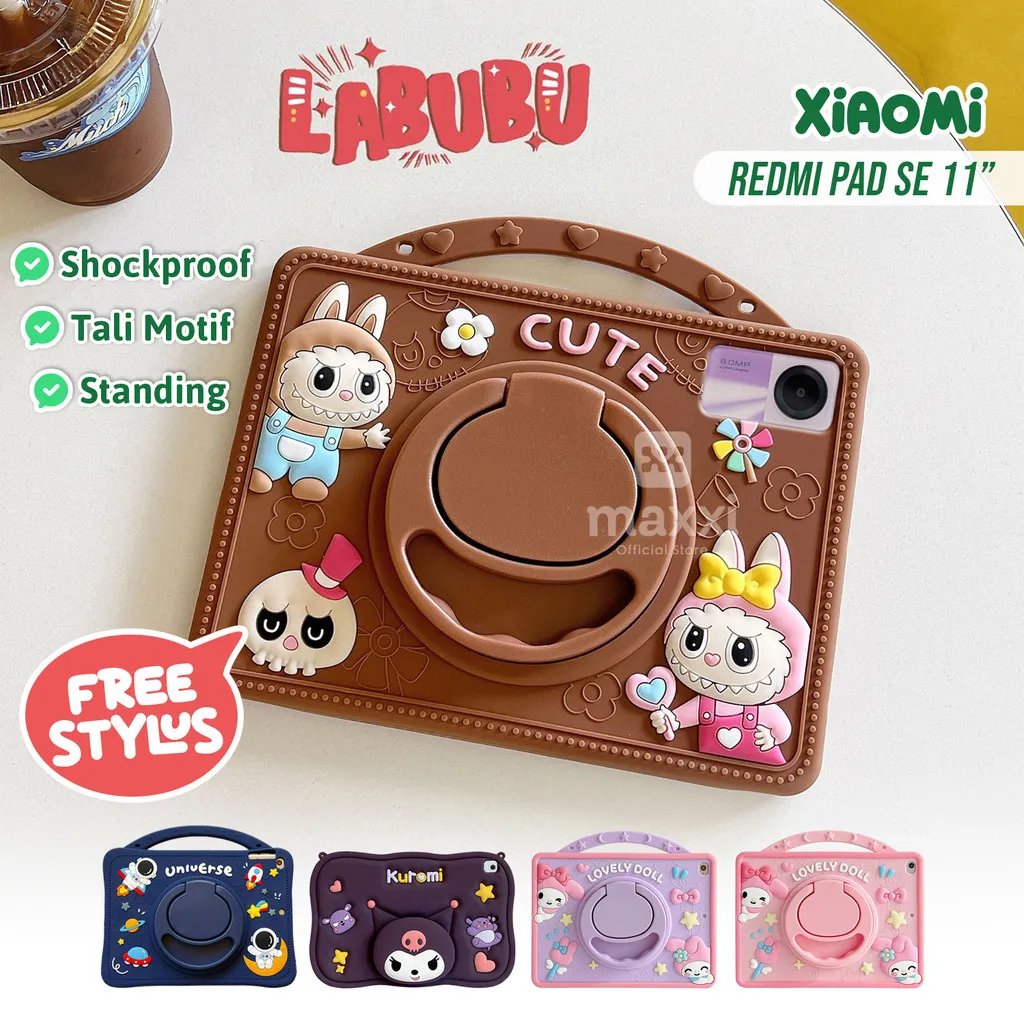Case Tahan Benturan Redmi Pad 2 11" 2025 Universal / Pad SE 11 Inch 2023 WiFi 4G LTE Motif Labubu Viral Bonus Tali Lanyard Stylus Pen Case Anak Labubu Redmi Pad SE 11" Xiaomi Casing Tablet Softcase Kid Rotate 360 Standing Karakter Labubu