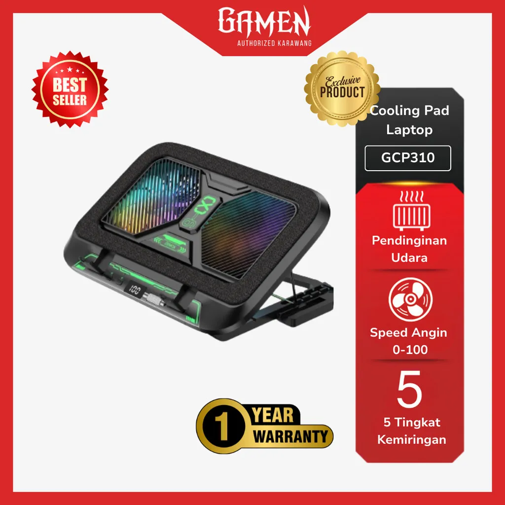 GAMEN Cooling Pad Laptop GCP310 Kipas 2 Inti 100 Level Fan Speed 3900 RPM Dengan Phone Holder Silent Fan Kipas Angin Laptop