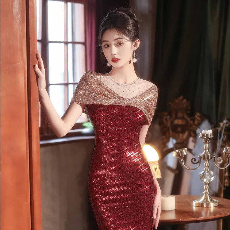 FW25-24912 Gaun Pesta Wanita. Women's Sequins Niche Cape Shoulder Slit Fishtail Evening Dress