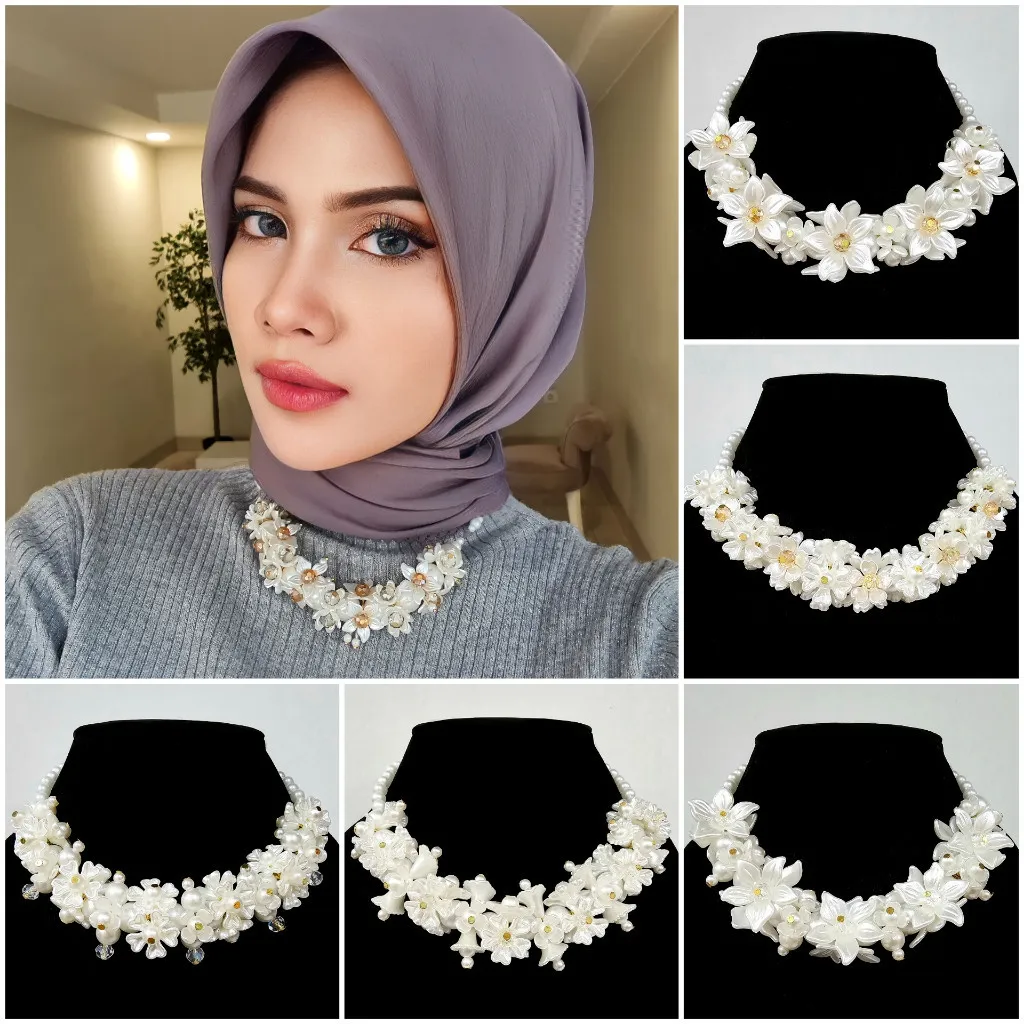 Kalung Hijab Manik Manik Bunga Mutiara Aksesoris Wanita - KH020
