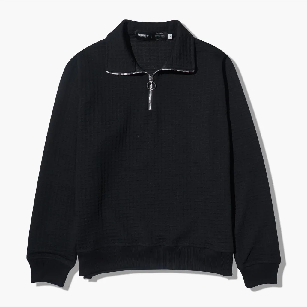 HIGHTY Black Waffle Half Zip Sweatshirt | Jaket Switer Kerah Tinggi