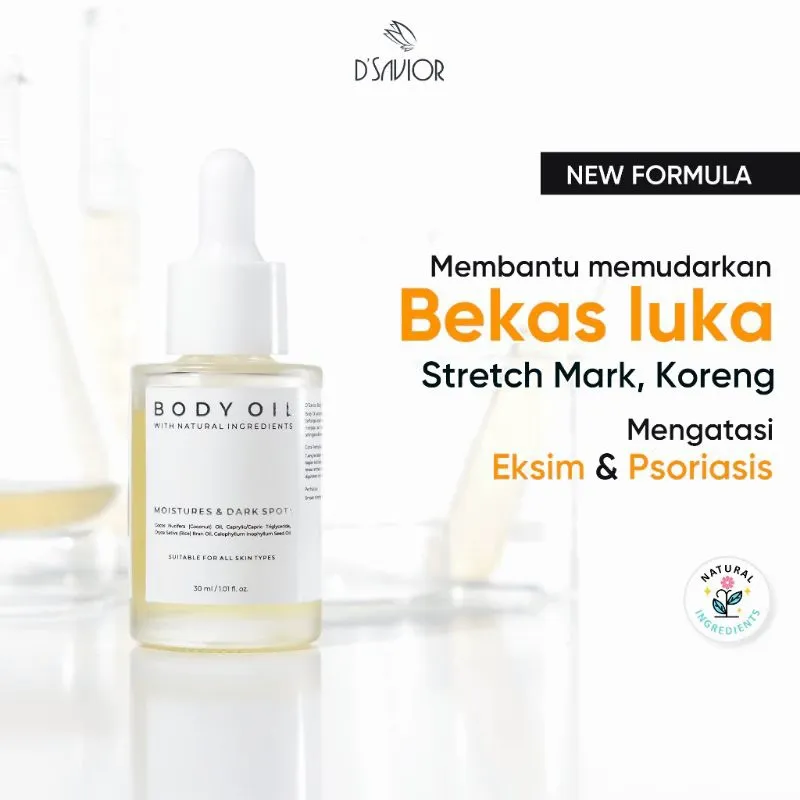 D'Savior Body Oil Penghilang Noda Hitam Kulit Stretcmark Bekas Luka DSavior Dark Spot Solution di kaki muka wajah pria wanita koreng gigitan nyamuk bakar Original Official Shop Store Bpom