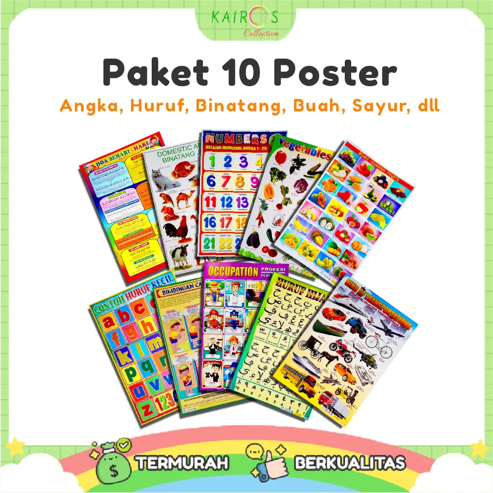 Paket 10 Poster Belajar Anak Edukasi Angka, Huruf, Binatang, Buah, Sayur, dll