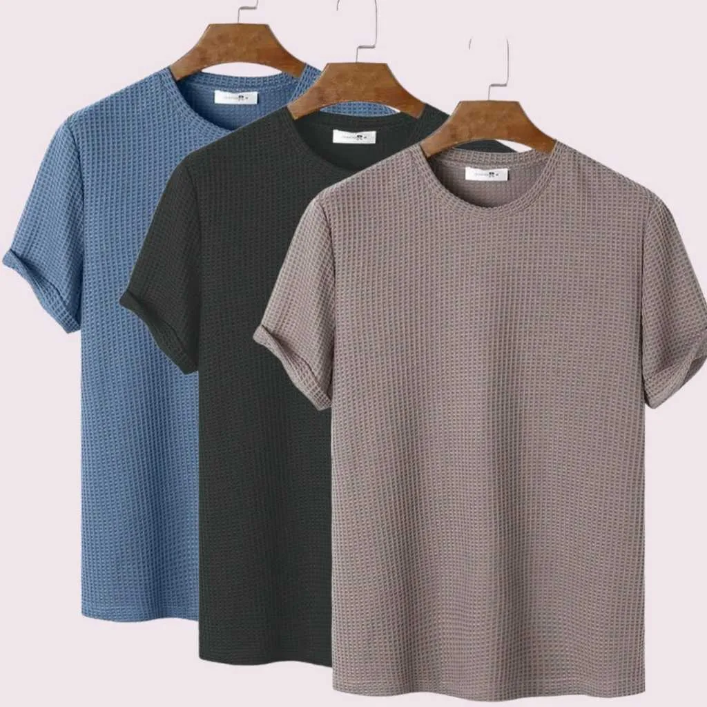 NIO - Paket 3pcs Kaos Waffle Knitt Polos Lengan Pendek