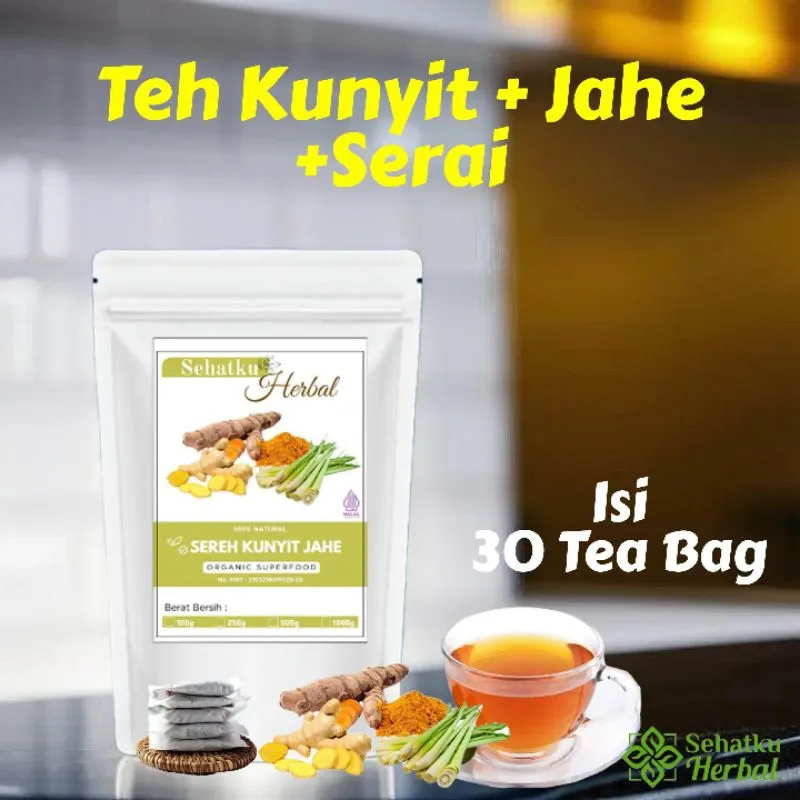 TEH KUNYIT,JAHE & SERAI/TUMERIC GINGER with LEMONGRASS TEA Herbal Tea Isi 30 Teh Celup