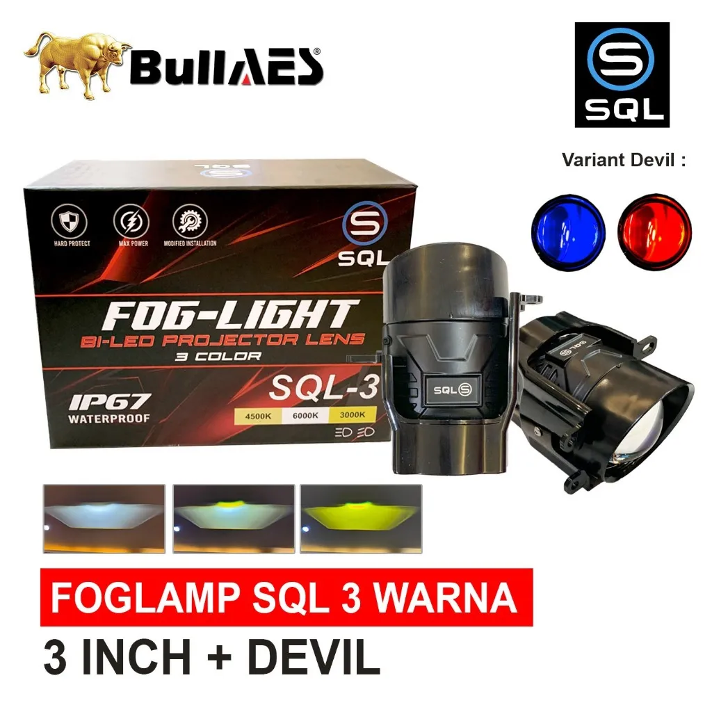 Foglamp Biled 3 Inch SQL Bluelens 3 Warna With Devil Eye Waterproof Bracket Komplit