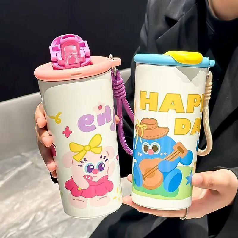 Tumbler Botol Anak Stainless Steel 450ml Enjoy Happy Day / Tumbler Termos Tempat Minum Stainless Steel Karakter Panas Dingin dengan Tali