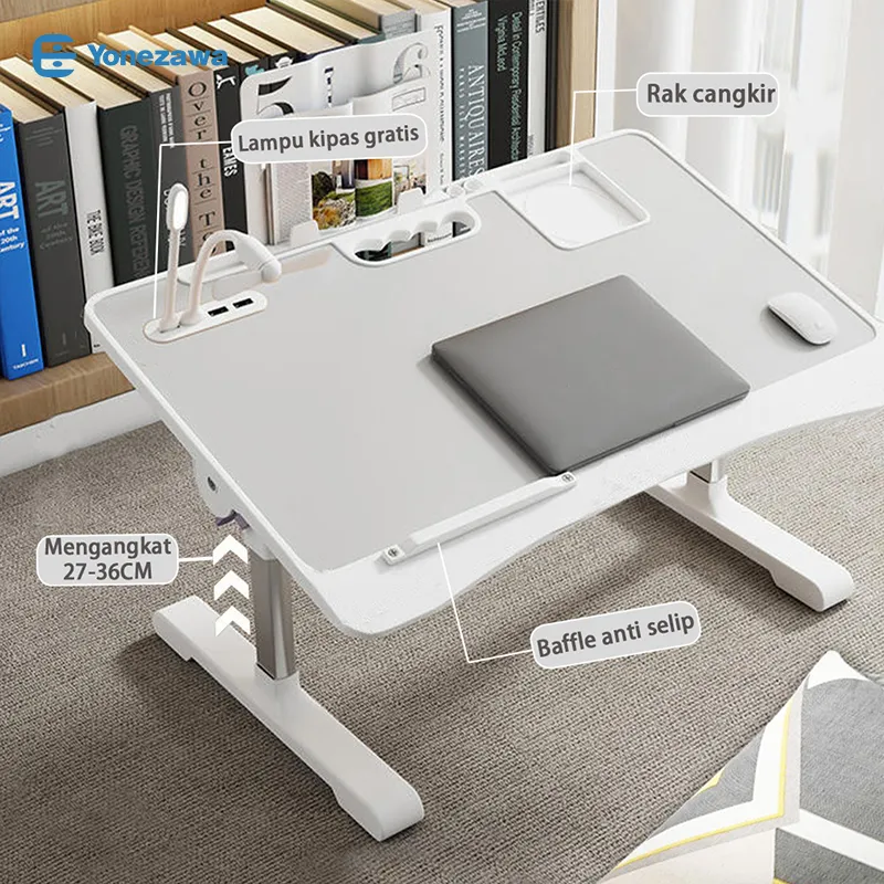 YONEZAWA Meja Lipat Laptop Portable Foldable Bed Table Belajar Anak Adjustable Serbaguna with USB Port & Bonus Kipas Lampu