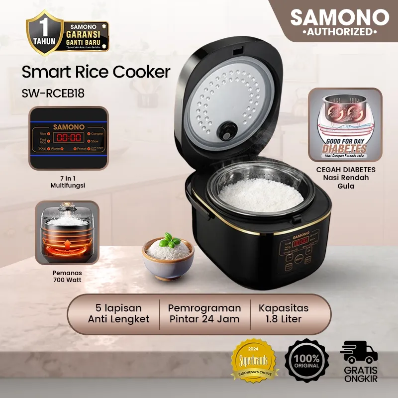 SAMONO Smart Rice Cooker Low Carbo Karbo Rendah Gula Kapasitas 1.8 Liter 7 Fungsi Memasak Garansi 1 Tahun SW-RCEB18