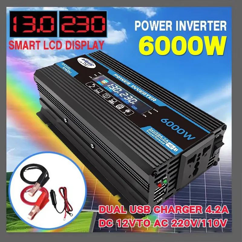 6000W Mobil Inverter 12V DC Ke 220V AC Power Converter LED Display 12V To 220V Inverter Correction Wav